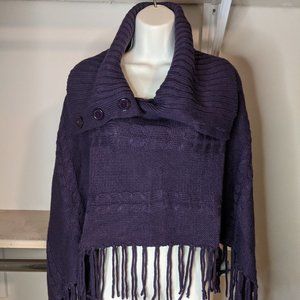 Focus 2000 Purple Cable Knit with Fringe Cowl Neck Cape